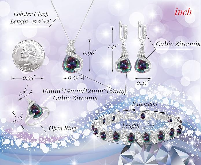 GZWHD Jewelry Set for Women Water Drop Cubic Zirconia Artificial Crystal Earrings Pendant Necklace Open Ring Tennis Bracelet Wedding Anniversary Birthday Engagement Gift for Bridesmaid Wife Girlfriend Friend