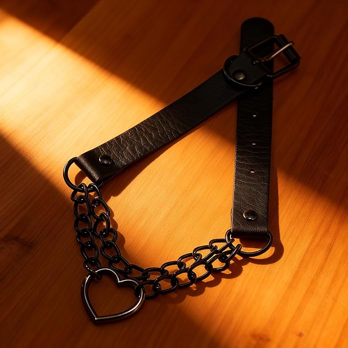Goth Heart Chain Choker Necklace, Gothic Punk Grunge Emo Necklace, PU Leather Choker, Halloween Jewelry Gifts for Women