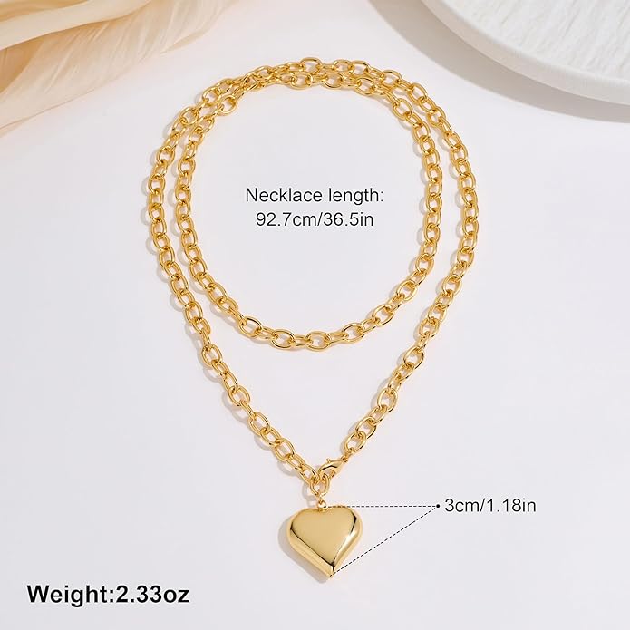 Valentine's Day Gifts for Women - Chunky Heart Necklaces for Women, Statement Long Lariat Layered Gold Heart Pendant Necklaces, Statement Jewelry | Big Y-shape Jewelry