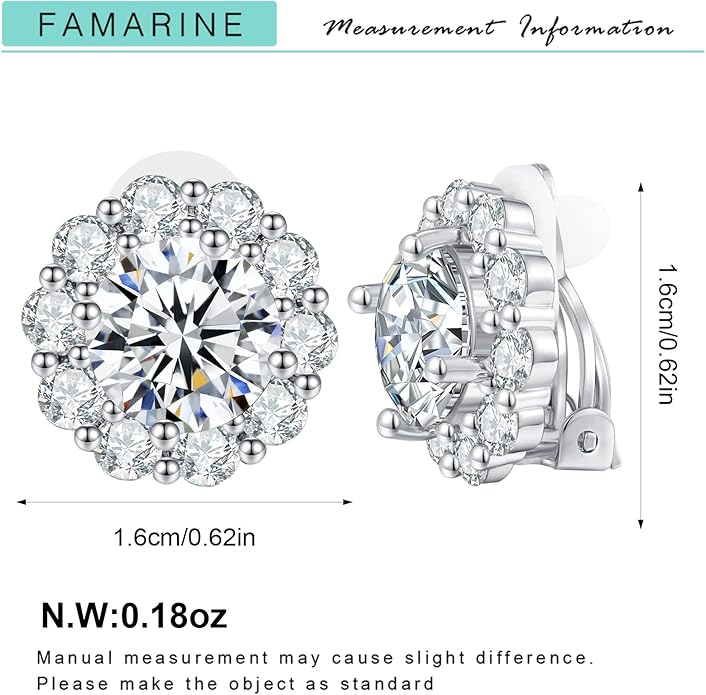 FAMARINE CZ Clip on Earrings for Women Clip Earring Non-pierced Earrings