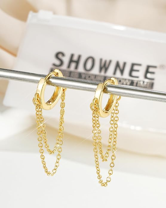 Tassel Chain Small Gold Hoop Dangle Earring For Women Huggie Earring Heart Star CZ 14K Gold Plated Fashion Jewelry Friendship Gift