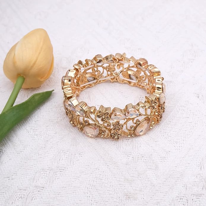 CSY Elegant Crystal Costume Jewelry Sets Flower Bridal Necklace Earrings Stretch Bangle Set for Bride Bridesmaid Wedding Dress Accessories