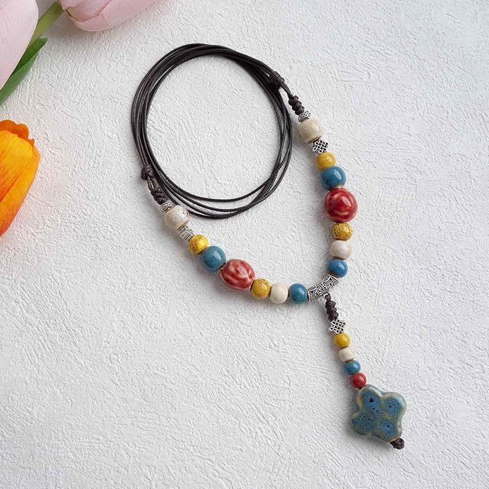 Adjustable Ceramic Beaded Necklace for Women, Boho Handmade Flower Pendant Necklace, Hippie Jewelry for Mom and Wife