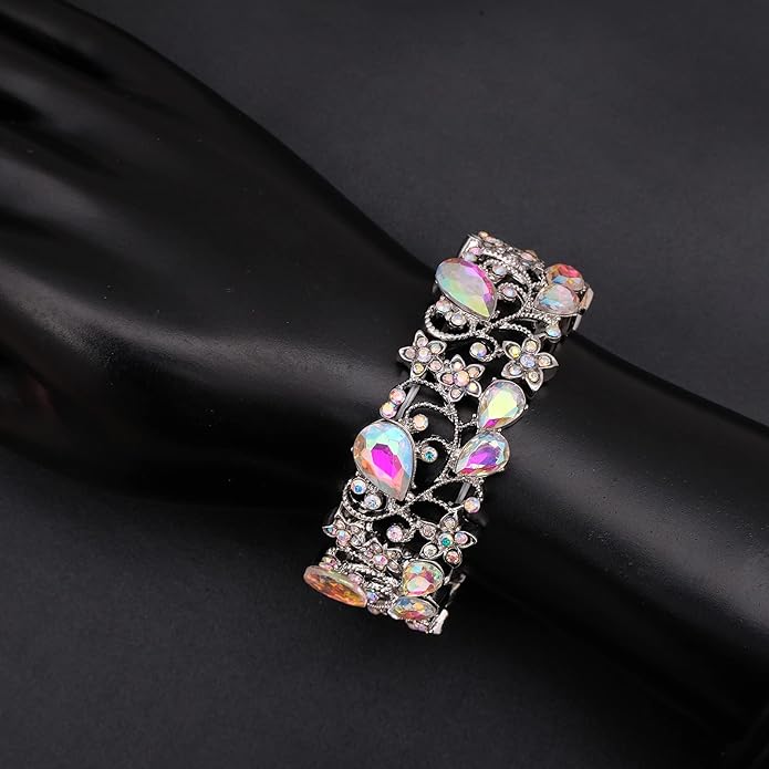 CSY Elegant Crystal Costume Jewelry Sets Flower Bridal Necklace Earrings Stretch Bangle Set for Bride Bridesmaid Wedding Dress Accessories