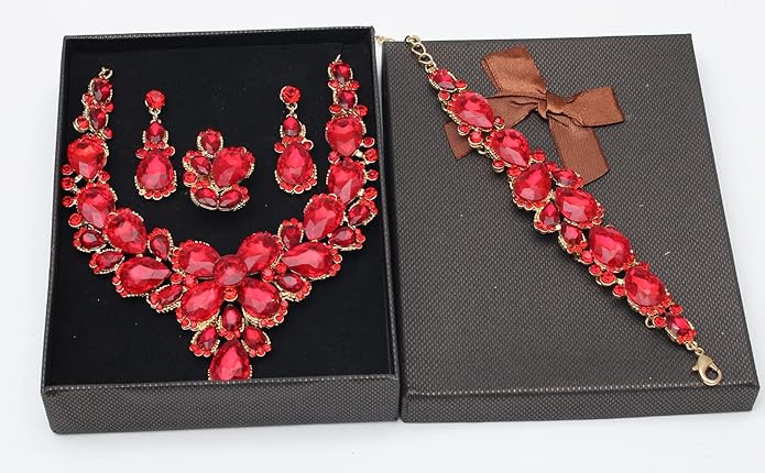Women's Wedding Bridal Austrian Crystal Glass Teardrop Statement Necklace Dangle Earrings Bracelet Ring Wedding Party Jewelry Set for Bridal Bridesmaid