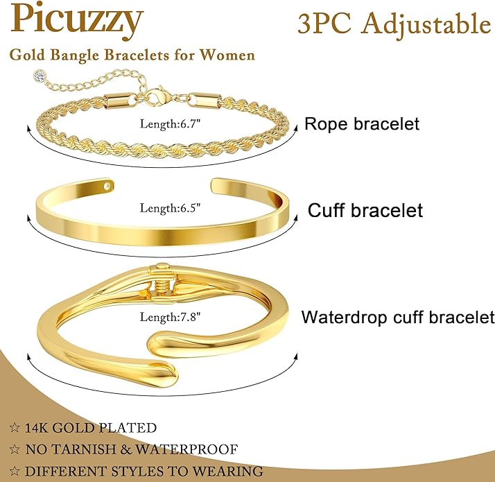 Gold Bangle Bracelets for Women, Non Tarnish Dainty 14K Gold Plated Cuff Bracelets Stackable for Women,Waterproof Bracelet Stack Gold Jewelry Gifts Trendy Adjustable Accessories