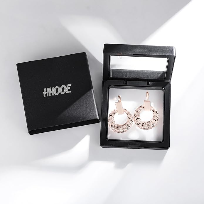 Rose Gold Hoop Earrings for Women, 925 Silver-Plated Thickened Hypoallergenic Earrings, CZ Black Gemstone-Inlaid Earrings - Women's Fashion Jewelry