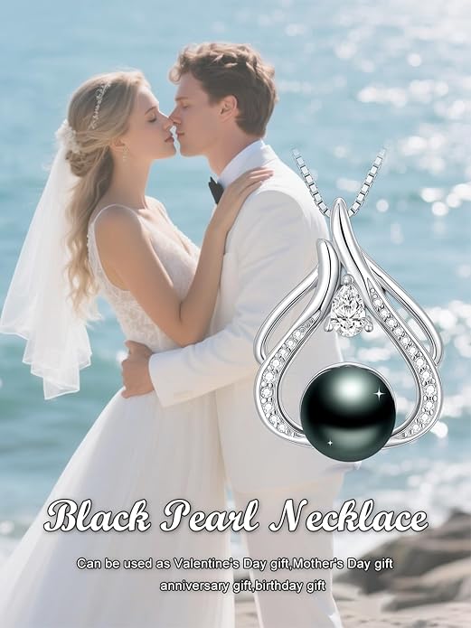 Tahitian Black Pearl 18K White Gold Plated Sterling Silver Heart/Infinity/Four Leaf Clover Pendant Necklace Jewelry Gifts for Women Wife Mom Girlfriend Wedding Birthday Anniversary Christmas