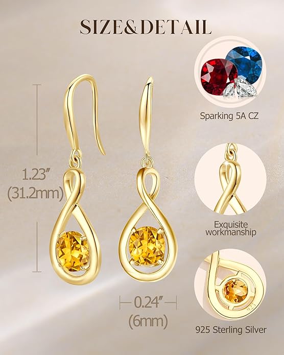 FANCIME Valentines Day Gift Dangle Drop Earrings 925 Sterling Silver Dainty Infinity Round Gemstone Birthstone Jewelry Birthday Gifts for Her Women