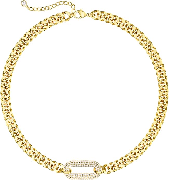 Gold Necklace for Women - Chunky 14K Gold Plated Chain Necklace Cuban Link Paperclip Chain Herringbone Statement Choker Necklace for Women Simple Trendy Jewelry Gifts