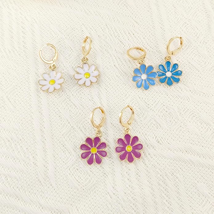 3 Pairs Daisy Huggie Hoop Earrings for Women Flower Dangle Drop Earrings Hypoallergenic Cute Sunflower Jewelry Gifts White Hot Pink Blue