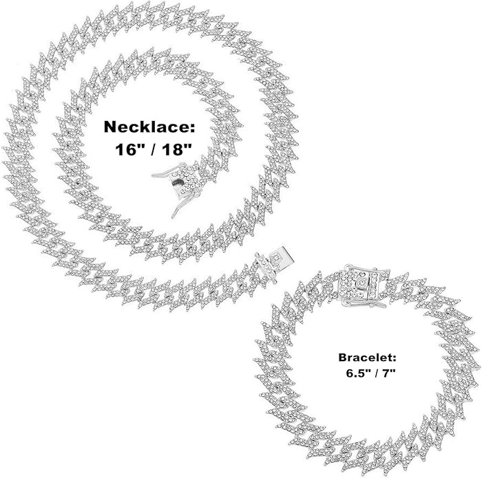 HH BLING EMPIRE 14k Gold/Silver Cuban Link Chain for Women Iced Out Diamond Chunky Cuban Link Necklace Chain Bracelet 2pcs Sets