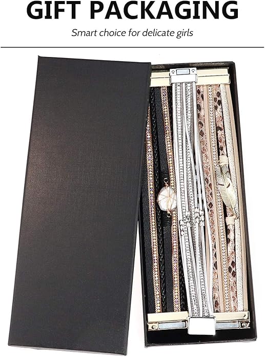 Wowanoo 3Pack Leather Cuff Bracelet Set Multilayer Wrap Bracelet Crystal Feather Tree Bracelet Magnetic Clasp Bracelet for Women