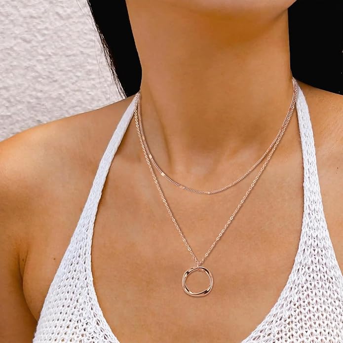3Pcs Layered Necklace for Women Stackable Necklaces Silver Rosegold Gold Plated Chain Dainty Set Gifts Circle Pendant Paperclip Chain Choker Necklaces Trendy Personalized Jewelry Set Gifts for Women