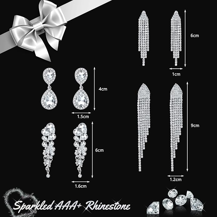 THUNARAZ 4 Pairs Silver Clip on Earrings for Women, Sparkly Rhinestone Tassel Chandelier Teardrop Dangle Earrings for Brides Bridesmaids Non Pierced Prom Jewelry Set