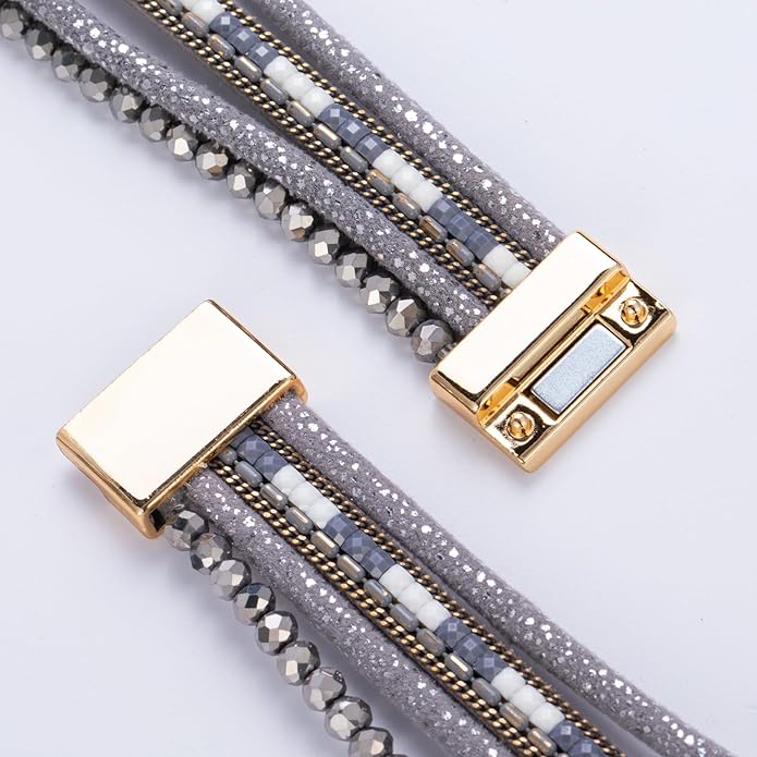 FANCY SHINY Leather Wrap Bracelets Crystal Beads Bracelet Boho Cuff Stone Charm Bracelets with Clasp Costume Jewelry for Women