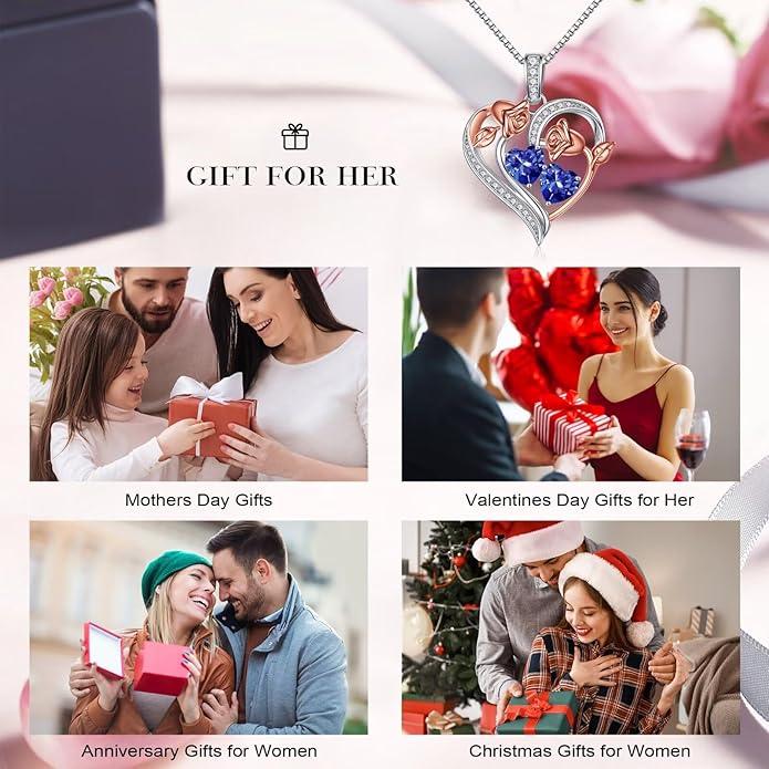 Iefil Valentines Day Gifts for Her - 925 Sterling Silver Rose Heart Necklace, Birthstone Jewelry, Anniversary Birthday Gifts for Wife Girlfriend Mom Daughter