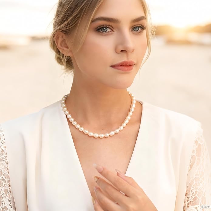 Pearl Necklace for Women, AAA+ Freshwater Cultured Pearl Strand,18 Inch with Sterling Silver Clasp, Elegant Pearls Classic Jewelry Gift for Mother's Day | Christmas | Wedding | Anniversary for Mother Wife Daughter