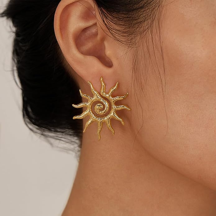 Vintage Gold Statement Stud Earrings, Stainless Steel Chunky Drop Dangle Thick Earrings, Geometric Design with Pearl Accents, Textured Sun Round Heart Pattern for Women