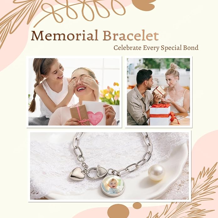 WBW Custom Photo Charm Bracelet for Women Personalized Picture Bracelet with Cute Heart Pendant Customizable Jewelry Chain Name Date Text Valentine‘s Day Gift for Her Girlfriend Wife