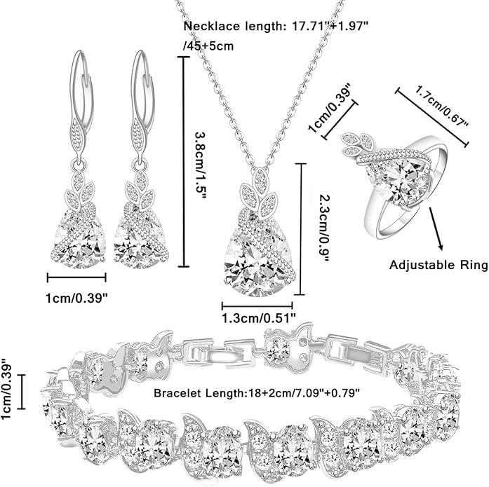 LMXXVJ Jewelry Set for Women,Teardrop Cubic Zirconia Necklace Earrings Adjustable Ring Bracelet Jewelry Set Formal Jewelry Gift