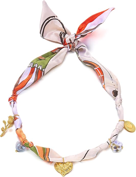 RINHOO FRIENDSHIP Silk Scarf Necklace for Women - Adjustable Boho Vintage Bandana Choker with 18K Non-Tarnish Gold Charms (Assorted Pendants & Patterns) Layered Jewelry Gift Box