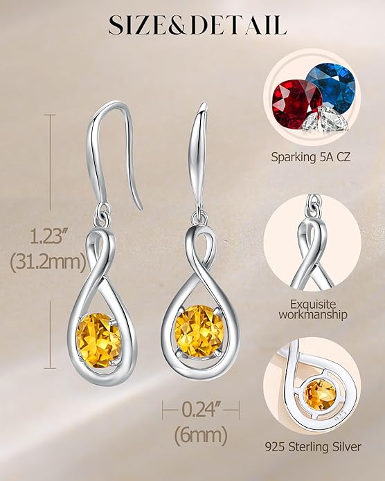 FANCIME Valentines Day Gift Dangle Drop Earrings 925 Sterling Silver Dainty Infinity Round Gemstone Birthstone Jewelry Birthday Gifts for Her Women