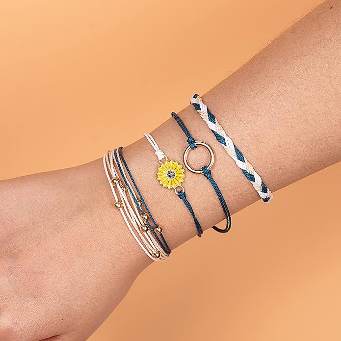 FANCY SHINY Sunflower String Bracelet Boho Braided Rope Wrap Bracelets Cute Summer Beach Surfer Jewelry for Women