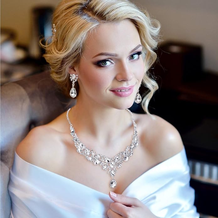 Hicarer Bridal Teardrop Cluster Crystal Jewelry Set for Women Necklace Earrings Wedding