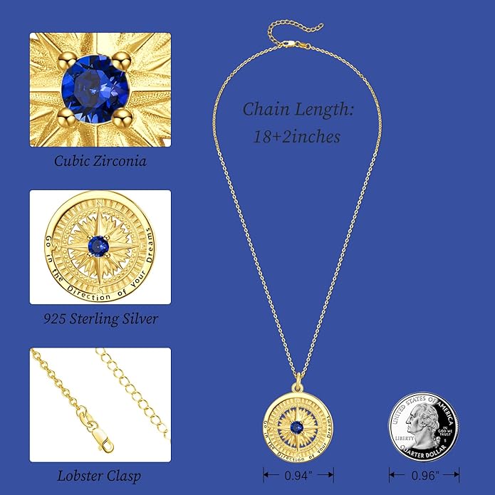 KINGWHYTE Graduation Gifts Birthstone Necklace for Women 925 Sterling Silver Compass Pendant Go in the Direction of your Dream Travel Jewelry Birthday Gift for Her