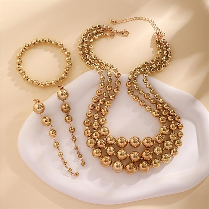 YBMYCM Gold-plated Beaded Jewelry Set Chunky Multi Strands Choker Necklace Bracelet Earrings Set for Women