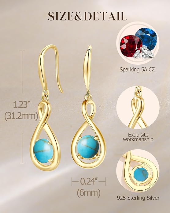 FANCIME Valentines Day Gift Dangle Drop Earrings 925 Sterling Silver Dainty Infinity Round Gemstone Birthstone Jewelry Birthday Gifts for Her Women