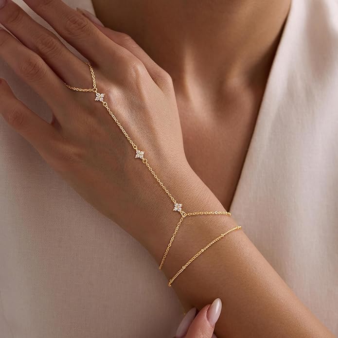 Valentine Gift 14K Gold Plated Hand Chain Bracelet for Women Trendy, 2 Pcs Stackable Gold/Silver Finger Ring Bracelet Hand Chain Dainty Non Tarnish Waterproof Set Jewelry Adjustable 7'+2