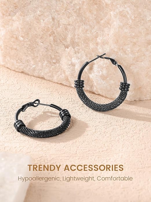 KeyStyle Mesh Hoop Earrings for Women, Stainless Steel Gold Hoops Earring Lightweight Loops, 2MM Thick Hypoallergenic Circle Endless Hollow Hoop 20mm-80mm