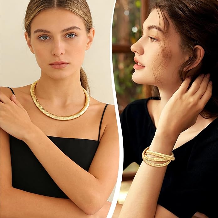 YBMYCM Chunky Gold-plated Silver Jewelry Set Multi Strands Stainless Steel Choker Necklace Bracelet Set for Women