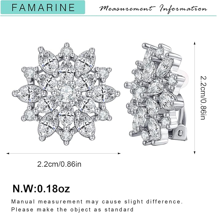 FAMARINE CZ Clip on Earrings for Women Clip Earring Non-pierced Earrings