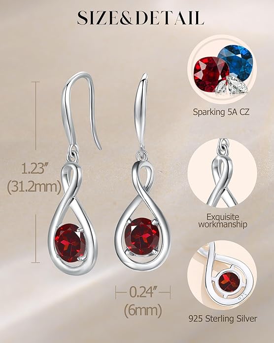 FANCIME Valentines Day Gift Dangle Drop Earrings 925 Sterling Silver Dainty Infinity Round Gemstone Birthstone Jewelry Birthday Gifts for Her Women