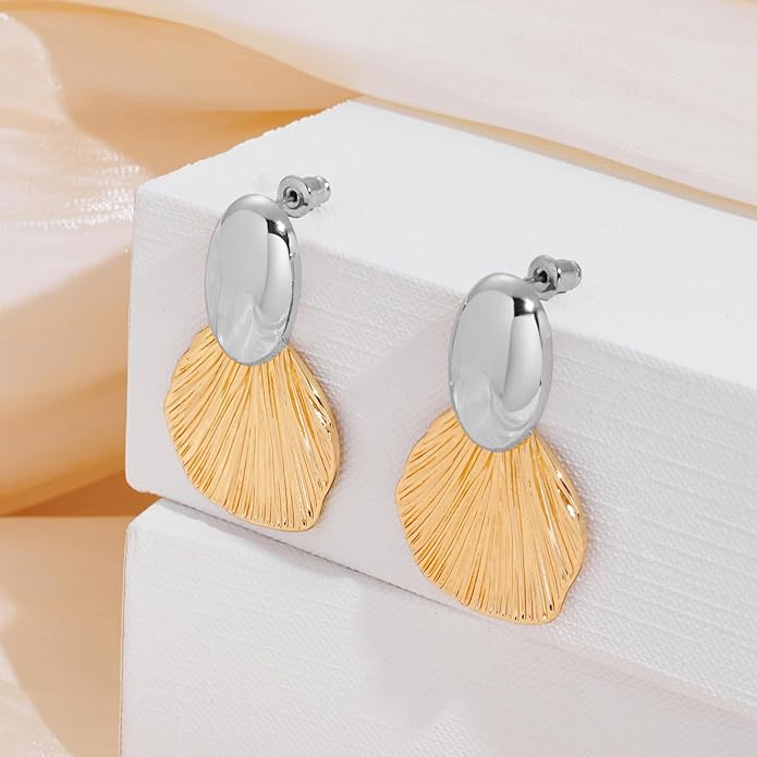 Gold Plated Earrings Dangle Chunky Fan-shaped Earrings Shell Earring for Women Two-Tone Fashion Statement Jewelry