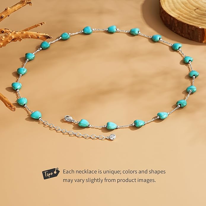 Created Turquoise Necklace for Women 14K Gold Plated Beaded Heart Choker Boho Necklaces Handmade Beach Summer Everyday Western Jewelry Gifts