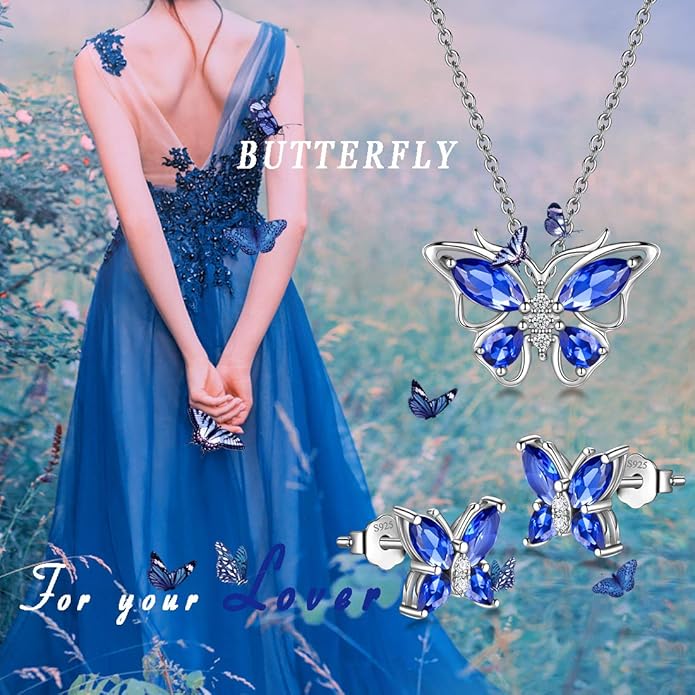 925 Sterling Silver Birthstone Butterfly Jewelry Women Crystal Animal Cute Butterflies Birthday Necklace/Earring/Ring/Bracelet Sets Birth Stone Statement Anniversary Jewellery