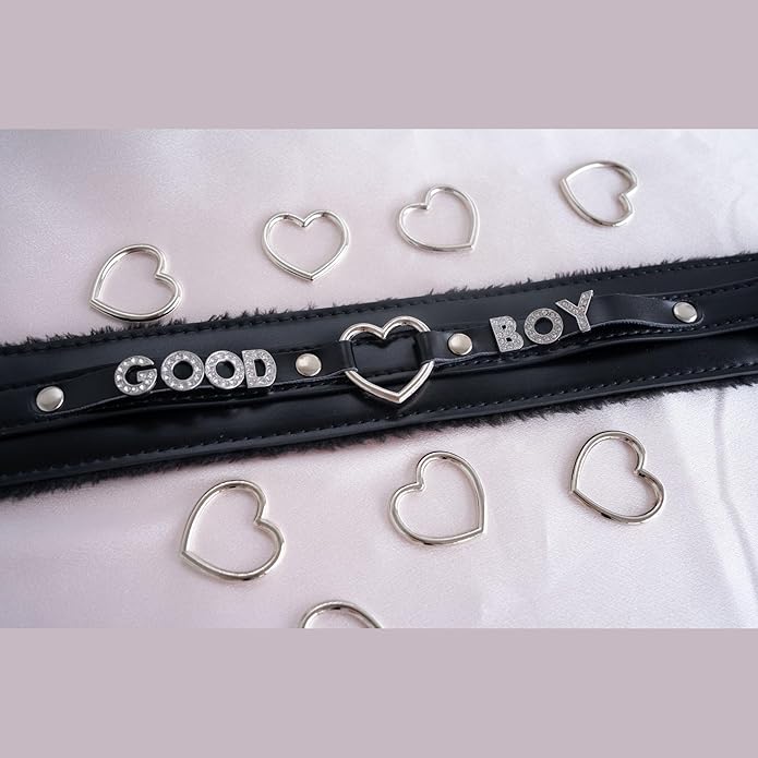 Pink Furry Heart O-ring Leather Choker Collar For Women, Handmade Punk Gothic Letter Necklace Adjustable Fashion Jewelry