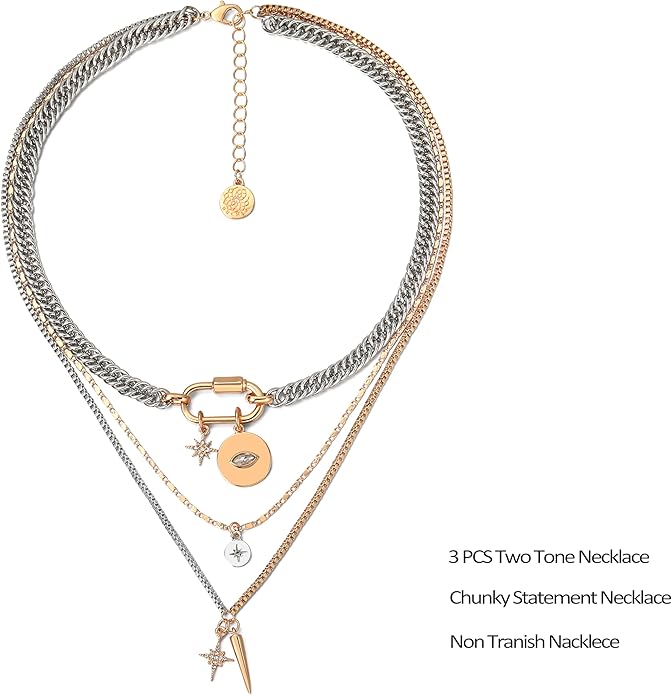 Valentines Day Gifts for her,Gold Statement Necklace,Muliti Layered Necklaces for Women,Chunky Two Tone Mixed Metal Necklace Set with Charm Pendant, Paperclip Stacked Chain, Trendy Coin Jewelry Gift for Her Gifts for Chrismas