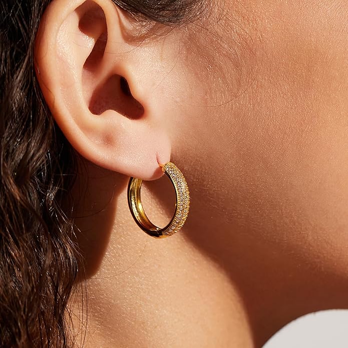 Gold Earrings for Women Girls,14K Gold Plated Hoop Earrings with 925 Sterling Silver Post Cubic Zirconia Stud Earring Huggie Hoops Earrings