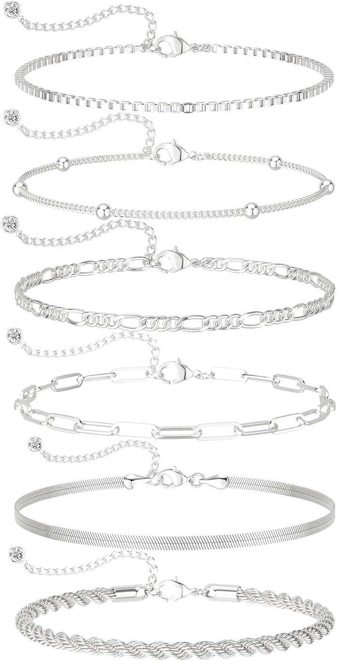 DEARMAY Dainty Silver Plated Bracelets for Women Trendy, Silver Jewelry Set for Women Bracelets for Women Paperclip Box Herringbone Figaro Rope Chain Bracelet Fashion Pack Gifts for Women