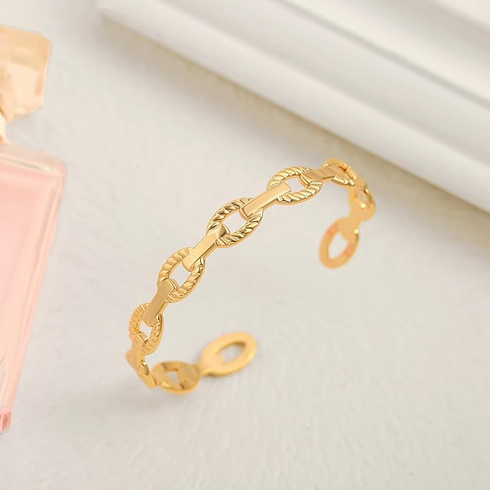 PERNNLA PEARL Dainty Gold Bar Bracelet for Women Simple Delicate Thin Cuff Bangle Hook Bracelet 18K Gold Plated Handmade Minimalist Jewelry