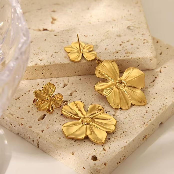 Gold Flower Statement Earrings for Women, Large Chunky Bohomian Summer Beach Floral Earring, Irregular Bold Exaggerated Earrings