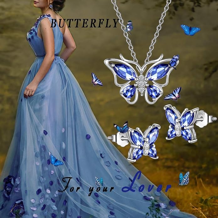 925 Sterling Silver Birthstone Butterfly Jewelry Women Crystal Animal Cute Butterflies Birthday Necklace/Earring/Ring/Bracelet Sets Birth Stone Statement Anniversary Jewellery