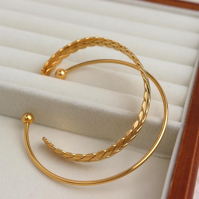 Dainty Gold Cuff Bracelets Set for Women, Non Tarnish Statement Wide Bangle Adjustable Wheat Braided Twisted Open Bracelet Beach Wedding Fashion Jewelry Gifts.