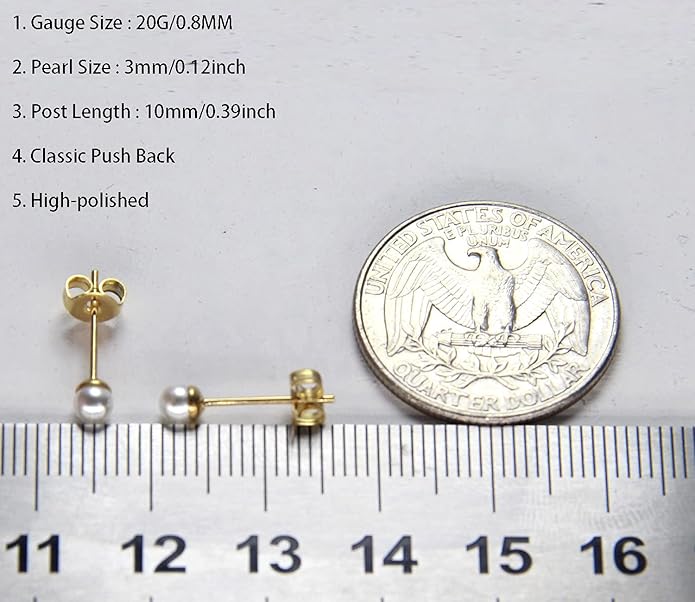 14K Gold Filled Polished Small CZ Pearl Ball Stud Earrings Set for Women Men 20G Surgical Steel Hypoallergenic Piercing Studs for Sensitive Ear, Pack of 6 Pairs