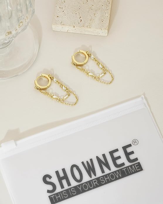 Tassel Chain Small Gold Hoop Dangle Earring For Women Huggie Earring Heart Star CZ 14K Gold Plated Fashion Jewelry Friendship Gift